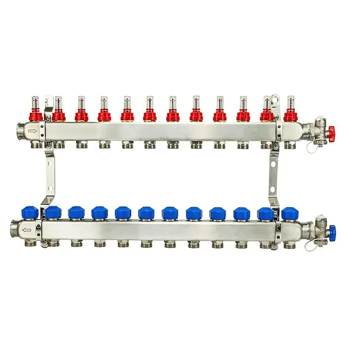 Schlösser Verteiler - 71 x 26 x 7 cm, Anzahl Anschlüsse: 12 Stk. - Dieses Bild zeigt einen Unterputz-Fußbodenheizungsverteiler mit mehreren Anschlüssen, der aus robustem, gebürstetem Metall gefertigt ist.