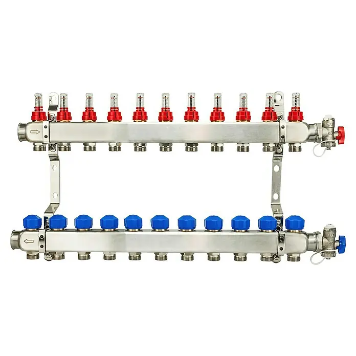 Schlösser Verteiler - 59 x 26 x 7 cm, Anzahl Anschlüsse: 11 Stk. - Verteiler für Flächenheizung mit Durchflussmesser und blauen Ventilen zur präzisen Steuerung der Heizkreise.