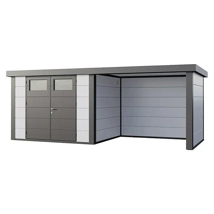Telluria Metallgerätehaus Classico 3024 mit Lounge S rechts inkl. Elektro-Set - Außenmaß inkl. Dachüberstand (B x T): 602 x 258 cm, Stahl, Weiß/Anthrazit, Inkl. Innenwandverkleidung & Elektro-Set - Ein modernes Gerätehaus mit Doppeltür und offenem Anbau, ideal für Gartenutensilien und mehr, in Grau und Weiß gehalten.