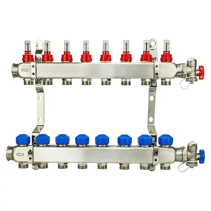 Schlösser Verteiler - 49 x 26 x 7 cm, Anzahl Anschlüsse: 8 Stk. - Heizkreisverteiler mit Durchflussmesser und Ventilen für eine präzise Steuerung der Heizung.