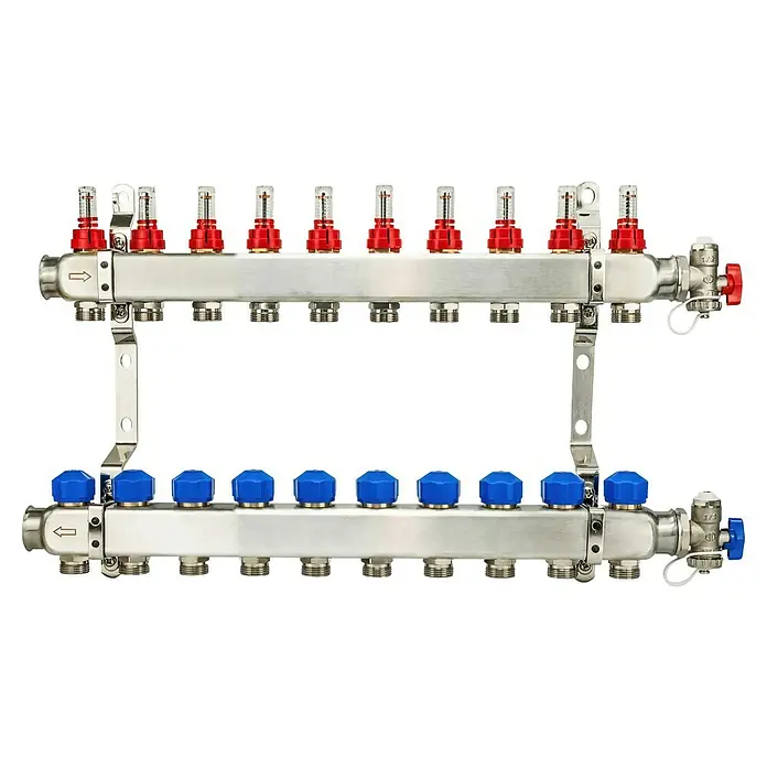 Schlösser Verteiler - 59 x 26 x 7 cm, Anzahl Anschlüsse: 10 Stk. - Bild einer Fussbodenheizung Verteilerstation. Sie verfügt über mehrere Anschlüsse und Regler zur Steuerung der Heizkreisläufe.