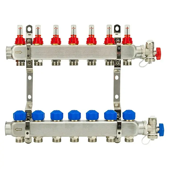 Schlösser Verteiler - 49 x 26 x 7 cm, Anzahl Anschlüsse: 7 Stk. - Nahaufnahme eines Edelstahl-Heizkreisverteilers mit roten und blauen Ventilen für ein präzises Heizungsmanagement.