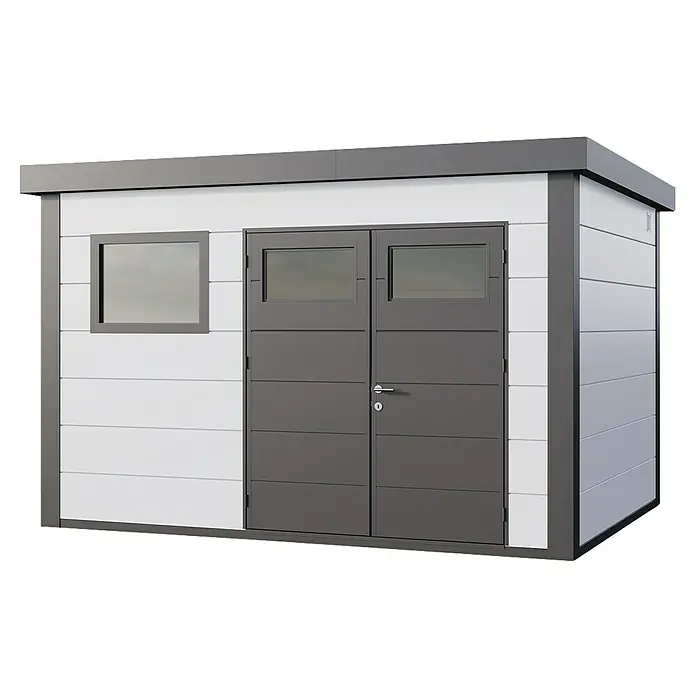 Telluria Metallgerätehaus Classico 3930+ - Außenmaß inkl. Dachüberstand (B x T): 408 x 318 cm, Stahl, Weiß/Anthrazit, Ohne Set - Ein geräumiger, moderner Gartenraum mit Doppeltür und Fenster. Das Gerätehaus bietet praktischen Stauraum für den Außenbereich und Werkzeuge.