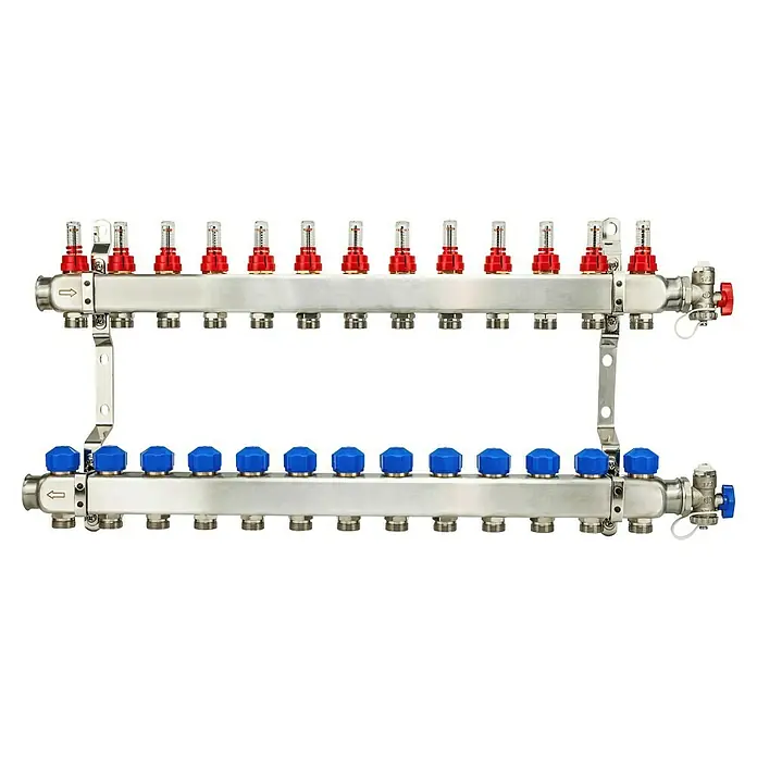 Schlösser Verteiler - 71 x 26 x 7 cm, Anzahl Anschlüsse: 13 Stk. - Ein Heizkreisverteiler mit Durchflussmessern und blauen Ventilen, ideal für Fussbodenheizung. Aus Edelstahl gefertigt.