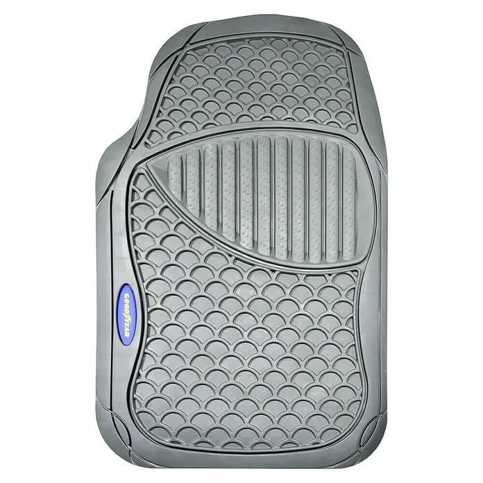 Goodyear Juego de alfombrillas para coche - 4 pzs., Gris - Una alfombrilla de coche gris Goodyear con un diseño texturizado para la captura de suciedad y la protección del interior del vehículo.