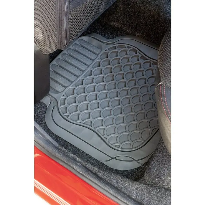 Goodyear Juego de alfombrillas para coche - 4 pzs., Gris - Alfombrilla de coche gris con un patrón de escamas de pez protege el suelo del vehículo de la suciedad y el desgaste.