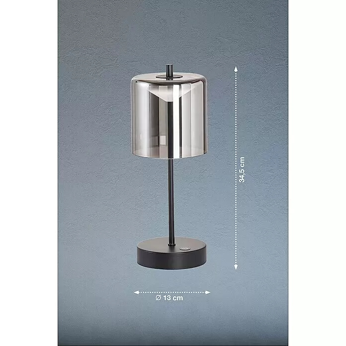 FHL easy Akku-Tischleuchte RIVA - 2 W, L x B x H: 13 x 13 x 34,5 cm, Rauchschwarz/ Sandschwarz, Mehrfarbig - Moderne Tischlampe mit schwarzem Fuß und Stiel sowie einem Rauchglasschirm. 34,5 cm hoch, 13 cm Durchmesser.