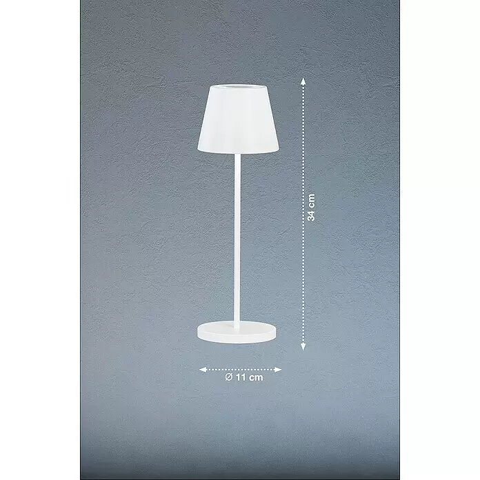 FHL easy Akku-Tischleuchte COSENZA 2.0 - 2 W, L x B x H: 11 x 11 x 34 cm, Sandweiß, RGB - Weiße Tischlampe mit konischem Schirm und rundem Fuß, 34 cm hoch, 11 cm Fußdurchmesser.