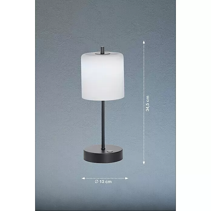 FHL easy Akku-Tischleuchte RIVA - 2 W, L x B x H: 13 x 13 x 34,5 cm, Opal matt/ Sandschwarz, Mehrfarbig - Schwarze Tischlampe mit weißem zylindrischem Schirm, 34,5 cm hoch, 13 cm Fußdurchmesser.