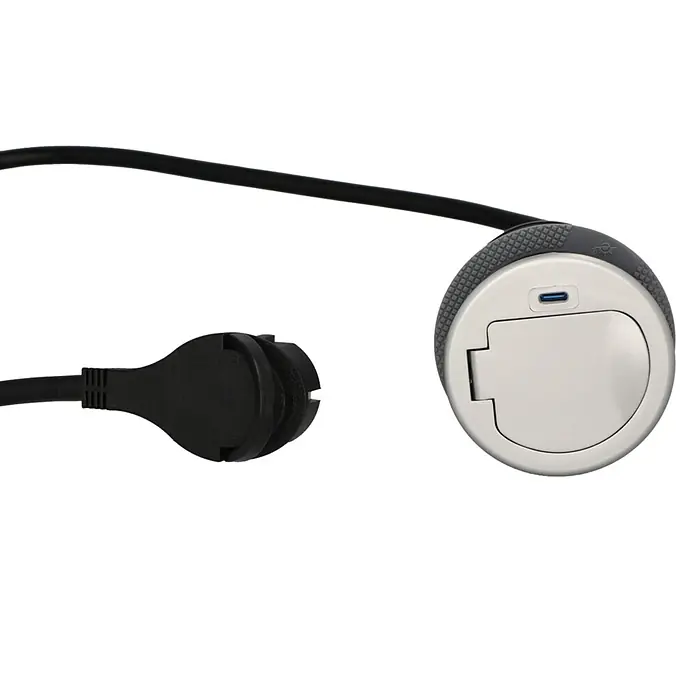 UniTEC Steckdose Tischsteckdose mit USB C - Schwarz, Silber, Kabellänge: 1,5 m - Runde Bodeneinbausteckdose mit USB-Anschluss und Stromkabel für eine einfache und diskrete Stromversorgungslösung.