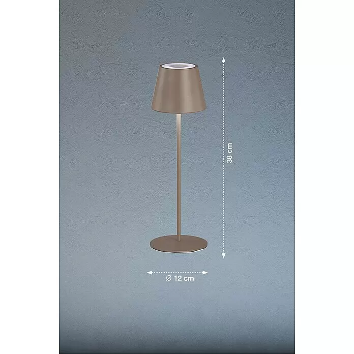 FHL easy Akku-Tischleuchte COSENZA - 2 W, L x B x H: 12 x 12 x 38 cm, Graubraun, RGB, 1 Stk. - Tragbare Tischlampe aus taupefarbenem Metall, 38 cm hoch mit 12 cm Ø Fuß, mit konischem Schirm und schlankem Stiel.