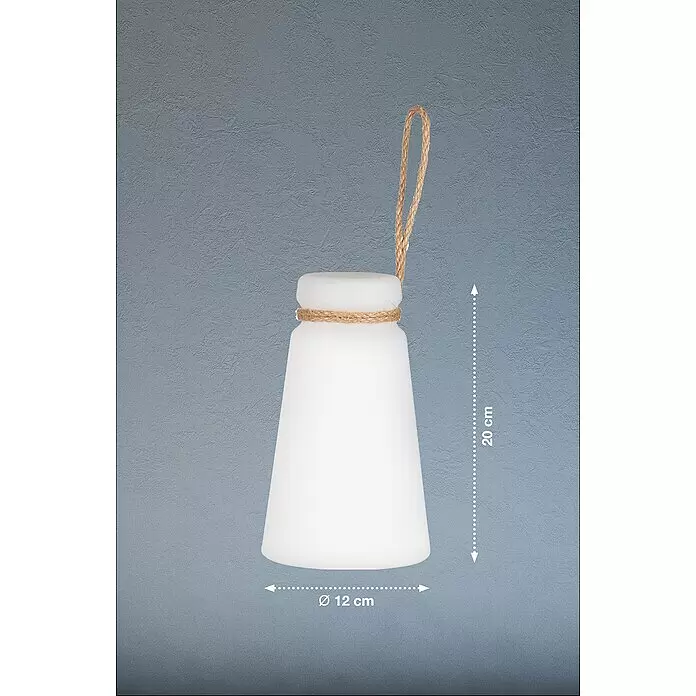FHL easy Akku-Tischleuchte BRUNO - 0,5 W, L x B x H: 12 x 12 x 20 cm, Weiß, RGB - Tragbare weiße Opak-Lampe mit Juteseilgriff und -akzent, H 20 cm, Ø 12 cm.