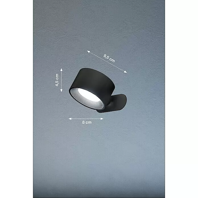 FHL easy Magnetic Akku-Wandleuchte - 9,5 x 8 x 4,5 cm, Schwarz, Mehrfarbig, 2 W, IP20 - Schwarzer zylindrischer LED-Strahler mit geripptem weißem Reflektor, Maße: 9,5 cm Länge, 4,5 cm Höhe, 8 cm Tiefe.