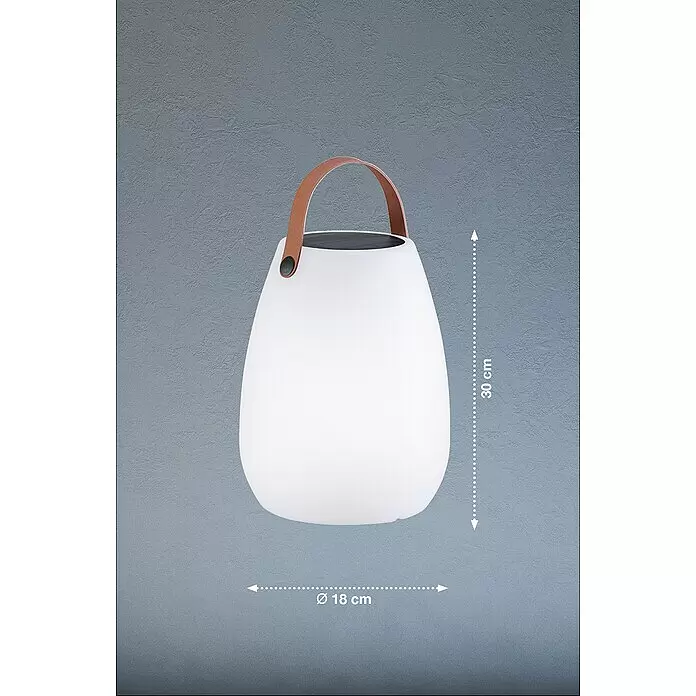 FHL easy Akku-Tischleuchte RUBY Solar - 0,5 W, L x B x H: 18 x 18 x 30 cm, Weiß, RGB - Weiße Laterne mit braunem Griff, 30 cm hoch, Ø 18 cm.