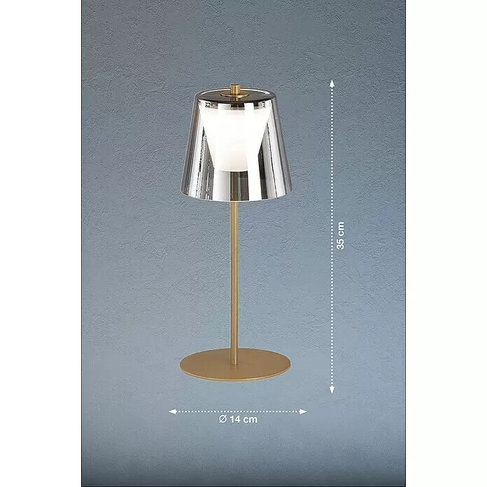 FHL easy Akku-Tischleuchte MARBELLA - 2 W, L x B x H: 14 x 14 x 35 cm, Gold, Warmweiß - Goldene Tischleuchte mit reflektierendem silbernem Konusschirm und weißem Innendiffusor. 35 cm hoch, Basis Ø 14 cm.