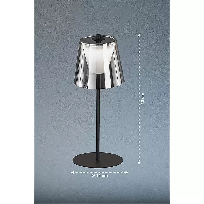 FHL easy Akku-Tischleuchte MARBELLA - 2 W, L x B x H: 14 x 14 x 35 cm, Rauchschwarz/ Sandschwarz, Warmweiß - Moderne schwarze Tischlampe mit reflektierendem konischem Schirm und weißem Diffusor; 35 cm hoch, 14 cm Basisdurchmesser.