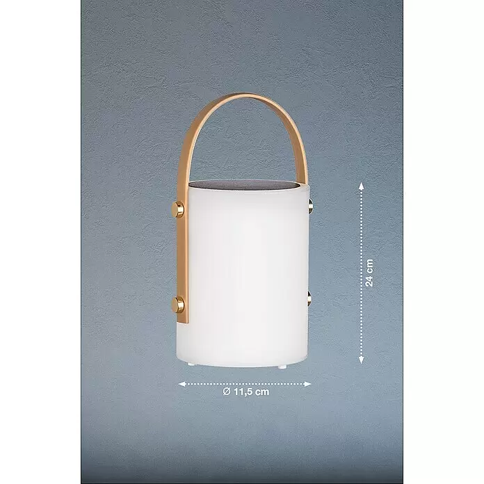 FHL easy Akku-Tischleuchte BARI - 0,5 W, L x B x H: 11,5 x 11,5 x 24 cm, Weiß, RGB - Weiße zylindrische Handleuchte mit hellem Holzgriff und goldenen Beschlägen. 24 cm hoch, 11,5 cm Durchmesser.