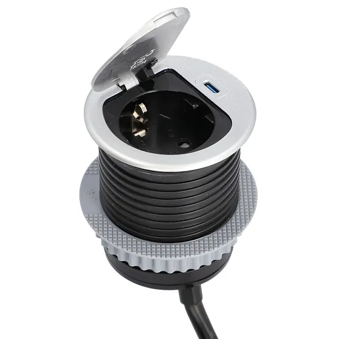 UniTEC Steckdose Tischsteckdose mit USB C - Schwarz, Silber, Kabellänge: 1,5 m - Das Bild zeigt eine versenkbare Steckdose mit USB-Anschluss und geöffnetem Deckel, ideal für moderne Arbeitsbereiche.