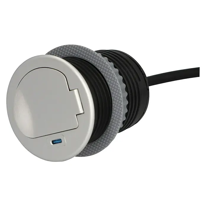 UniTEC Steckdose Tischsteckdose mit USB C - Schwarz, Silber, Kabellänge: 1,5 m - Runder, silberner Bodentank mit Klappdeckel und USB-Anschluss, ideal für Strom- und Datenversorgung im Bodenbereich.