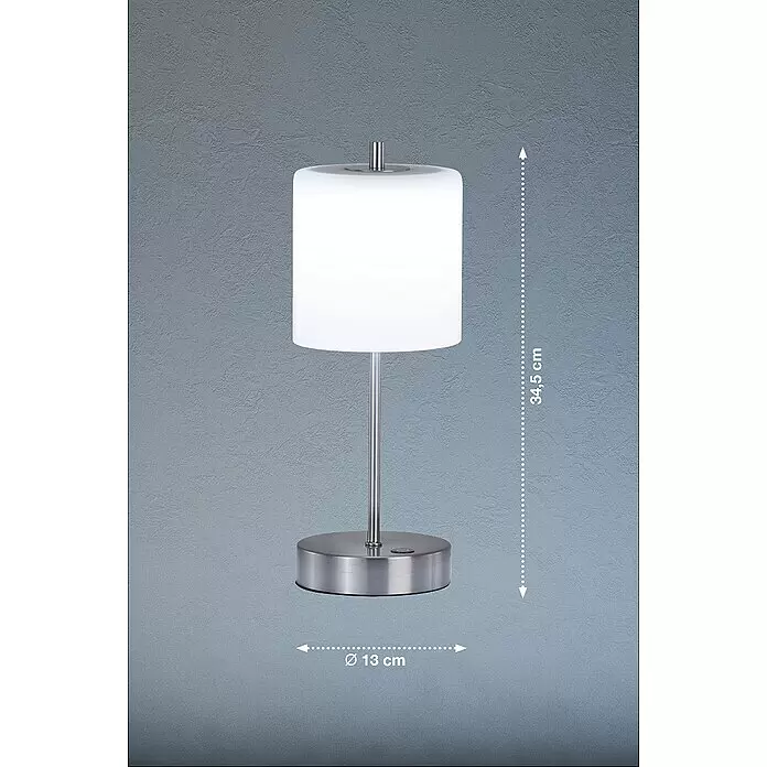 FHL easy Akku-Tischleuchte RIVA - 2 W, L x B x H: 13 x 13 x 34,5 cm, Nickel/Weiß, Mehrfarbig - Moderne Tischlampe mit weißem Zylinderschirm und gebürstetem Metallsockel und Stiel. Höhe 34,5 cm, Ø 13 cm.