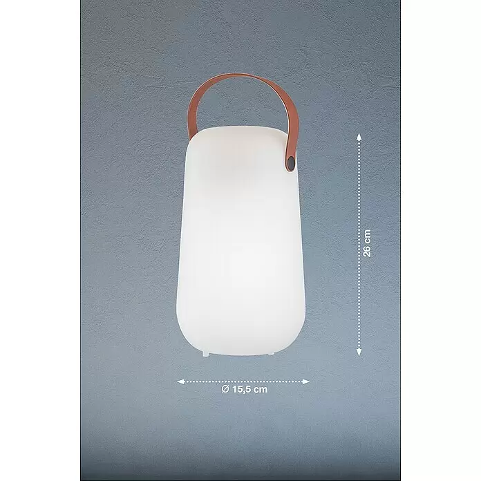 FHL easy Akku-Tischleuchte COLLGAR - 0,5 W, L x B x H: 15,5 x 15,5 x 26 cm, Weiß, RGB - Weiße tragbare Leuchte mit braunem Griff, sanft leuchtend. Höhe 26 cm, Durchmesser 15,5 cm.