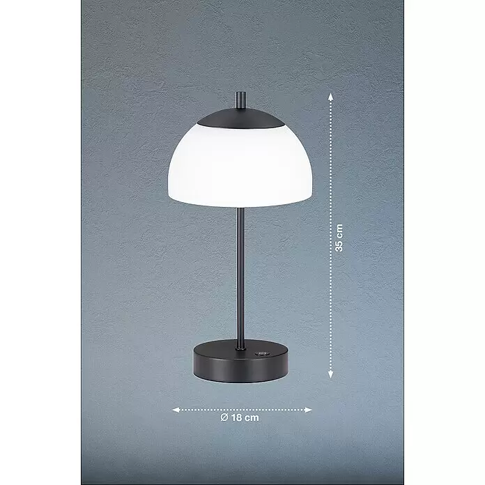 FHL easy Akku-Tischleuchte RIVA Glas - 2 W, L x B x H: 18 x 18 x 35 cm, Opal matt/ Sandschwarz, Mehrfarbig, Glas - Schwarze Tischleuchte mit weißem Kuppelschirm. H 35 cm, Ø 18 cm.