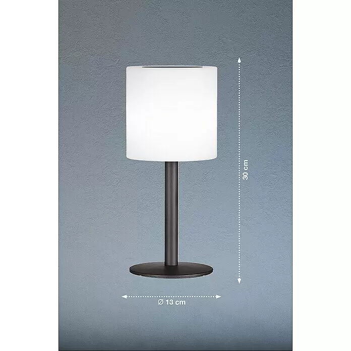 FHL easy Akku-Tischleuchte LESINA Solar - 0,5 W, L x B x H: 13 x 13 x 30 cm, Sandschwarz, RGB, Solarbetrieben - Dunkelgraue Tischlampe mit weißem zylindrischem Schirm, 30 cm hoch, 13 cm Fuß.