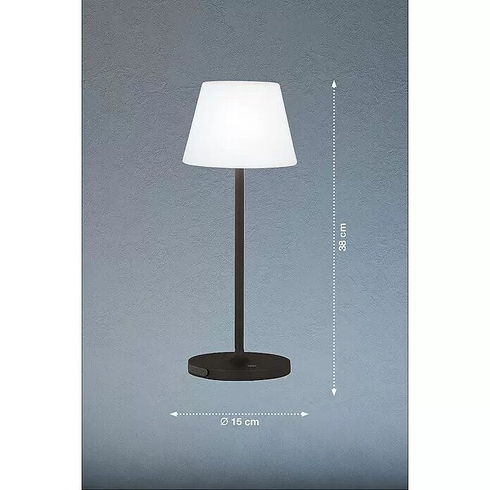 FHL easy Akku-Tischleuchte FLUS - 1,5 W, L x B x H: 15 x 15 x 38 cm, Schwarz, Warmweiß - Dunkle Tischleuchte mit weißem konischem Schirm, 38 cm hoch und 15 cm Fußdurchmesser.