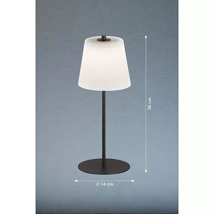 FHL easy Akku-Tischleuchte MARBELLA - 2 W, L x B x H: 14 x 14 x 35 cm, Opalglas/ Sandschwarz, Warmweiß - Tischleuchte mit weißem Schirm, schwarzem Fuß und Stiel, 35 cm hoch, 14 cm Basisdurchmesser.