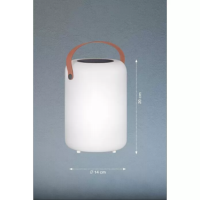 FHL easy Akku-Tischleuchte ORNO Solar - 0,5 W, L x B x H: 14 x 14 x 20 cm, Weiß, RGB, Solarbetrieben - Weiße zylindrische Handleuchte mit braunem Griff und schwarzer Oberseite. H 20 cm, Ø 14 cm.