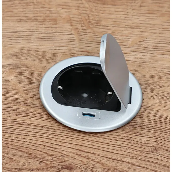 UniTEC Steckdose Tischsteckdose mit USB C - Schwarz, Silber, Kabellänge: 1,5 m - Versenkbare Steckdose mit USB-Anschluss in einer Tischplatte. Das silberne Design integriert sich elegant in moderne Büroumgebungen.