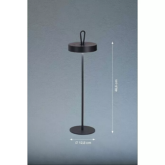 FHL easy Akku-Tischleuchte DORD - 2,5 W, L x B x H: 12,8 x 12,8 x 46,6 cm, Sandschwarz, Warmweiß - Elegante, mattschwarze tragbare LED-Lampe, 46,6 cm hoch, Ø 12,8 cm, mit schlankem Design und Tragegriff.