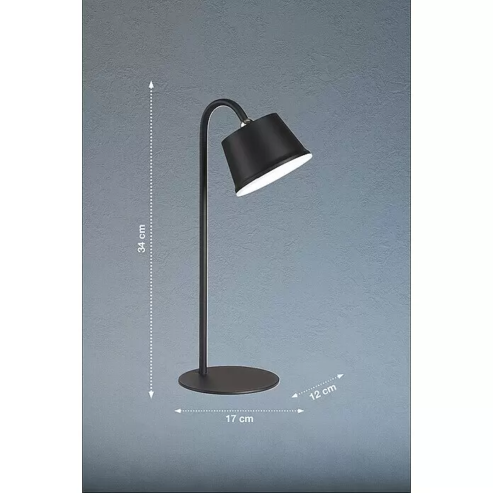 FHL easy Akku-Tischleuchte VOET - 3 W, L x B x H: 17 x 12 x 34 cm, Sandschwarz, Warmweiß - Schwarze Metall-Schreibtischlampe mit rundem Fuß, gebogenem Arm und beleuchtetem konischem Schirm.