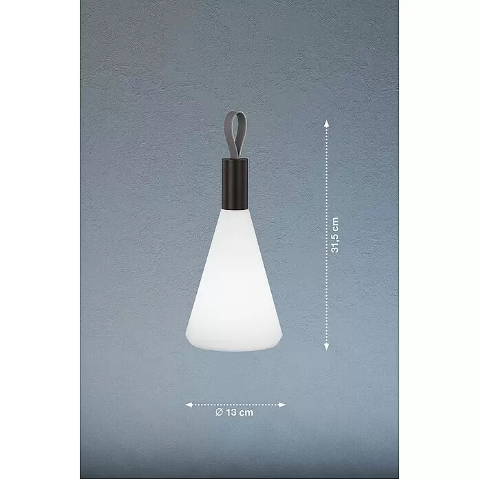 FHL easy Akku-Tischleuchte PRIAN - 1,5 W, L x B x H: 13 x 13 x 31,5 cm, Schwarz, Warmweiß - Tragbare LED-Lampe mit weißem Konusschirm, dunklem Oberteil und grauer Schlaufe. 31,5 cm hoch, Ø 13 cm.