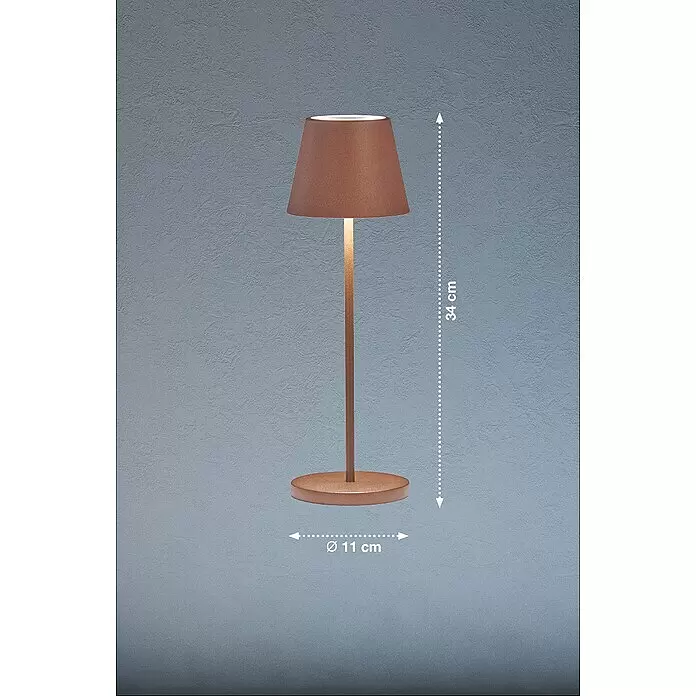 FHL easy Akku-Tischleuchte COSENZA 2.0 - 2 W, L x B x H: 11 x 11 x 34 cm, Rost, RGB - Eine braune Tischlampe mit kegelförmigem Schirm, schlankem Stiel und rundem Fuß. Sie ist 34 cm hoch und hat einen Fußdurchmesser von 11 cm.
