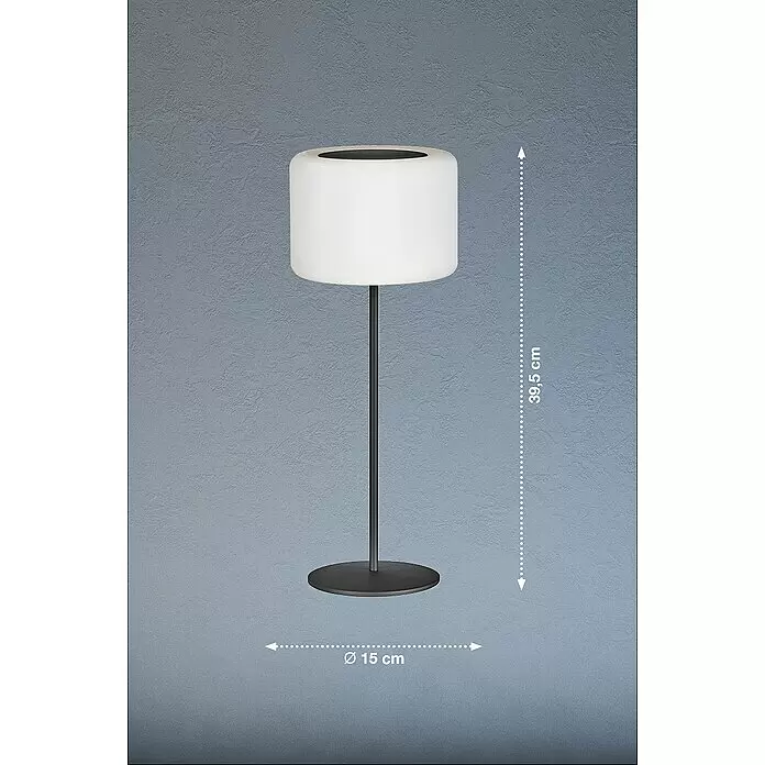 FHL easy Akku-Tischleuchte PINO - 0,5 W, L x B x H: 15 x 15 x 39,5 cm, Sandschwarz, RGB - Weiße zylindrische Tischleuchte mit schwarzem Ständer und rundem Sockel, 39,5 cm hoch, 15 cm Basisdurchmesser.