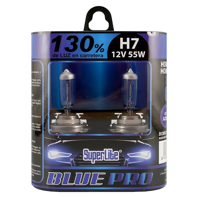 Bombilla para faro delantero BOM12722 - 12 V, 2 ud., Azul - Primer plano de una bombilla halógena SuperLite Blue Pro H7, con un 130% más de luz y una potencia de 12V 55W.