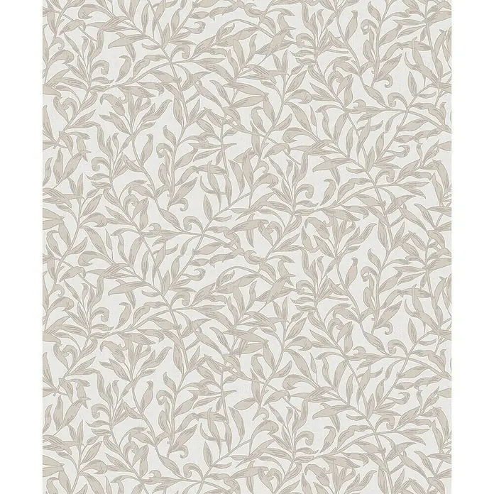 Marburg Heritage Vliestapete Blätterranken-Allover - Beige/Grau, Floral, 10,05 x 0,53 m - Elegantes Tapetenmuster mit beigen Blättern auf hellem Grund, das eine ruhige und natürliche Atmosphäre schafft.