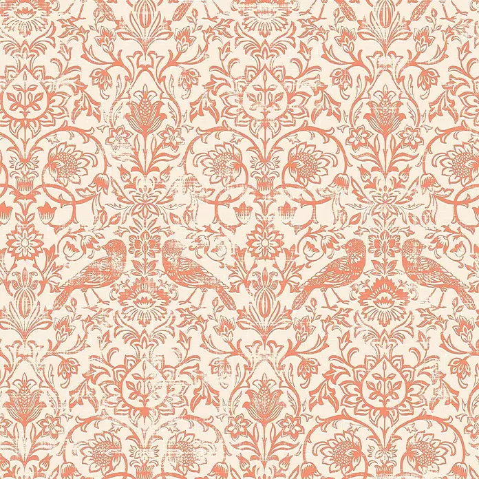 Marburg Heritage Vliestapete Allover mit Tieren & Blumen - Beige/Rot, Floral, 10,05 x 0,53 m - Distressed korallenfarbenes Blumen- und Vogelmuster auf Creme, geeignet für Tapeten oder Textilien.