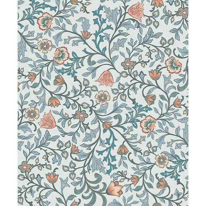 Marburg Heritage Vliestapete Blumenallover - Blau, Floral, 10,05 x 0,53 m - Floral gemustertes Textil mit zarten Blüten und Blättern in gedämpften Farben. Elegantes Design für Dekorationen und Projekte.
