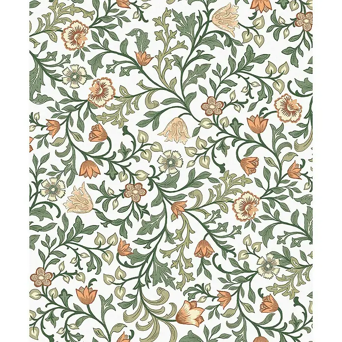 Marburg Heritage Vliestapete Blumenallover - Weiß/Grün, Floral, 10,05 x 0,53 m - Ein florales Muster mit grünen Ranken und zarten, orangefarbenen und cremefarbenen Blüten auf weißem Grund, das eine elegante und natürliche Ästhetik schafft.