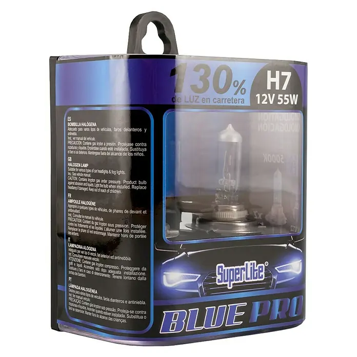 Bombilla para faro delantero BOM12722 - 12 V, 2 ud., Azul - Bombilla halógena H7 12V 55W Superlite Blue Pro que proporciona un 130% más de luz en la carretera.