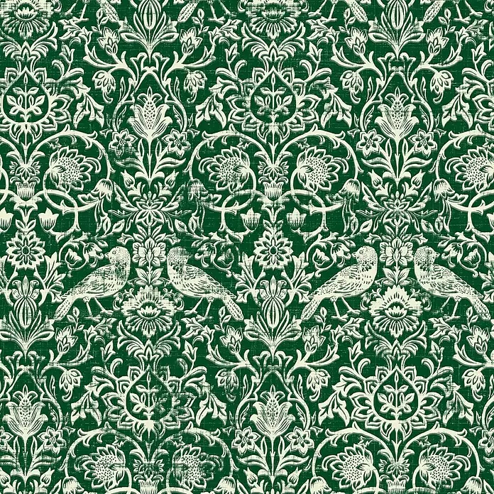 Marburg Heritage Vliestapete Allover mit Tieren & Blumen - Grün, Floral, 10,05 x 0,53 m - Ornate grüne und cremefarbene Damastmuster mit floralen Motiven und Vögeln, mit einer Distressed-Textur.