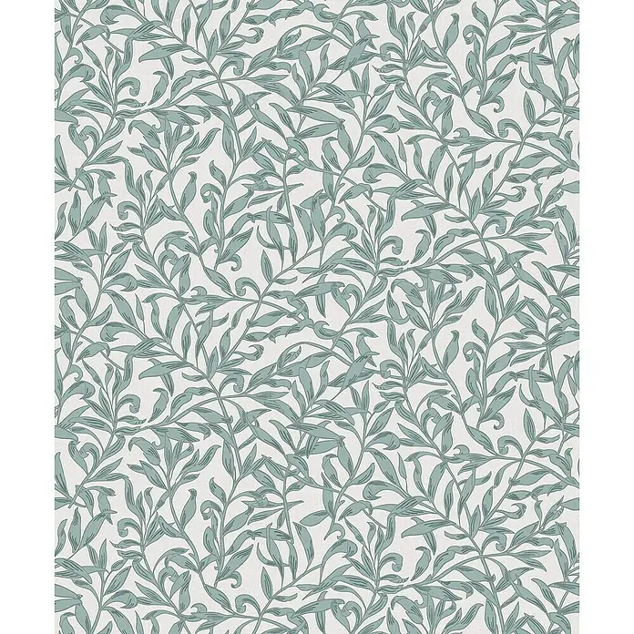Marburg Heritage Vliestapete Blätterranken-Allover - Grau/Grün/Blau, Floral, 10,05 x 0,53 m - Elegantes Blattmuster-Design, ideal für stilvolle Wohnräume. Ein Hauch von Natur für Wandgestaltung oder Textilien mit zarten, blaugrünen Farbtönen.
