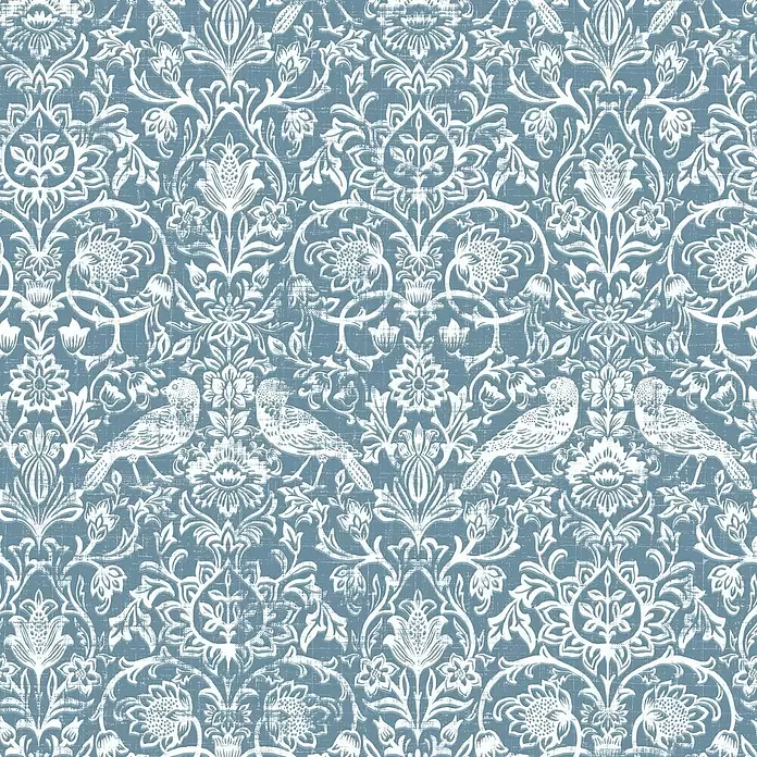 Marburg Heritage Vliestapete Allover mit Tieren & Blumen - Weiß/Blau, Floral, 10,05 x 0,53 m - Nahtloses, verwaschenes weißes Damast-Blumen- und Vogelmuster auf Staubblau.