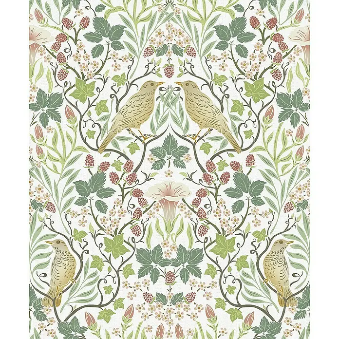 Marburg Heritage Vliestapete Tiere & Blumen - Weiß/Grün, Floral, 10,05 x 0,53 m - Ein dekoratives Tapetenmuster mit Vögeln, Blättern und Blüten in sanften Farben auf weißem Grund.