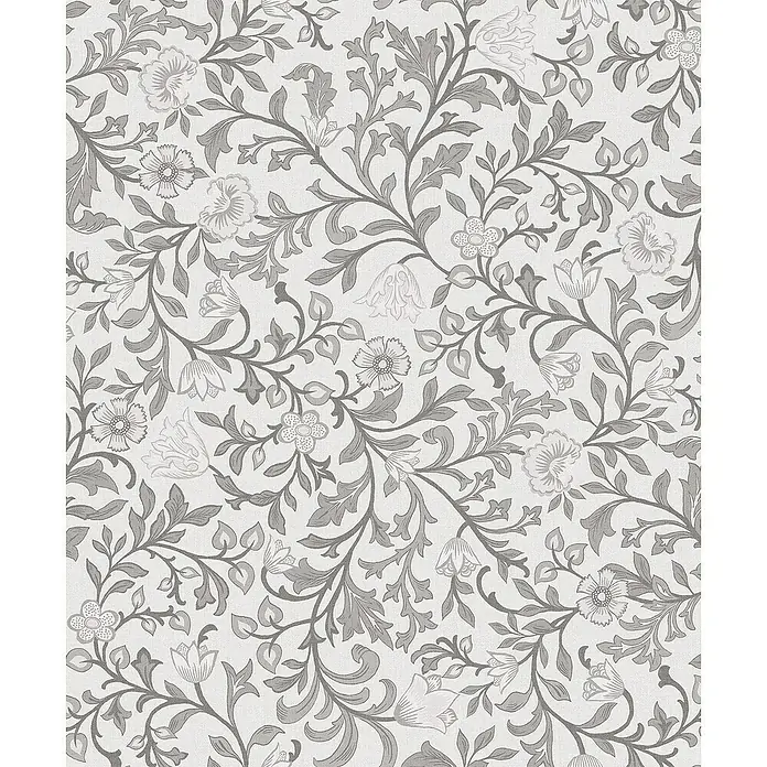 Marburg Heritage Vliestapete Blumenallover - Grau, Floral, 10,05 x 0,53 m - Elegantes florales Tapetenmuster in Grau und Weiß, das eine ruhige und stilvolle Atmosphäre schafft. Ideal für klassische und moderne Räume.