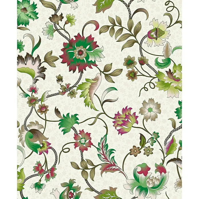 Marburg Heritage Vliestapete Blumenmotiv - Grau/Grün, Floral, 10,05 x 0,53 m - Elegantes Blumenmuster mit roten, grünen und braunen Blüten auf einem hellen Hintergrund, ideal für Stoffe oder Wandverkleidungen.