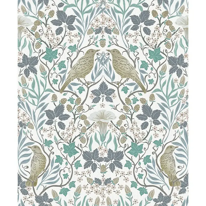 Marburg Heritage Vliestapete Tiere & Blumen - Weiß/Grün/Blau, Floral, 10,05 x 0,53 m - Ein verspieltes Tapetenmuster mit Vögeln, Blättern und Blüten in sanften Farben, das eine ruhige und natürliche Atmosphäre schafft.