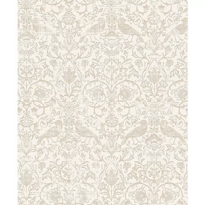 Marburg Heritage Vliestapete Allover mit Tieren & Blumen - Grau/Beige, Floral, 10,05 x 0,53 m - Helles beiges Vintage-Damaschkmuster mit Blumen- und Vogelmotiven.